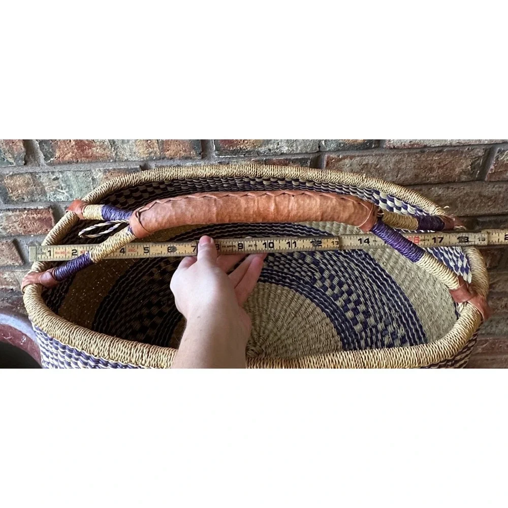 Handmade Woven Bolga Market Basket Purple Natural Straw Leather Handle